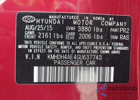 2016 Hyundai Elantra Se из США, поврежденный, VIN KMHDH4AE4GU637743